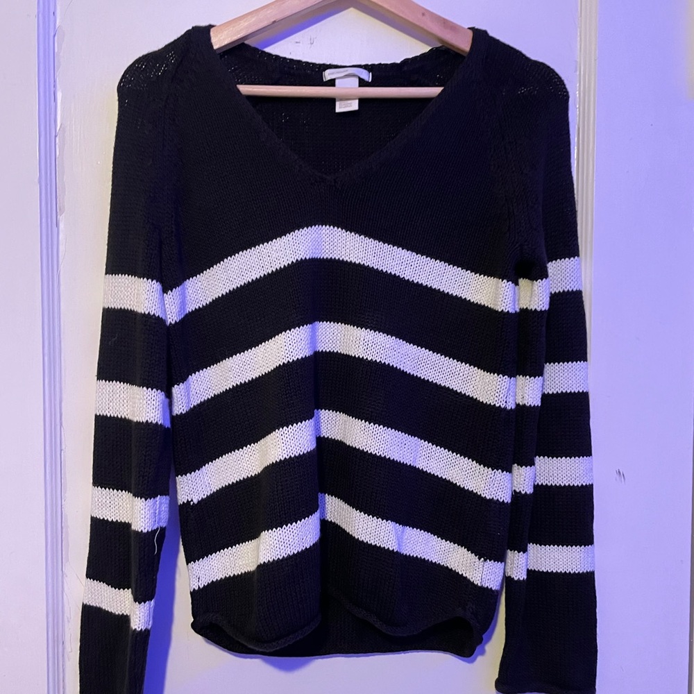 black and white striped v-neck knit sweater